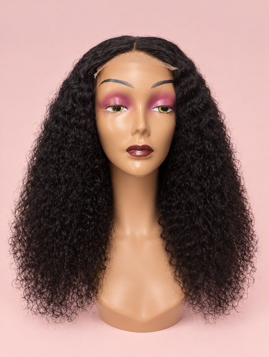 Natural Black Double Drawn Jerry Curl 4x4 Lace Closure Wig 22"
