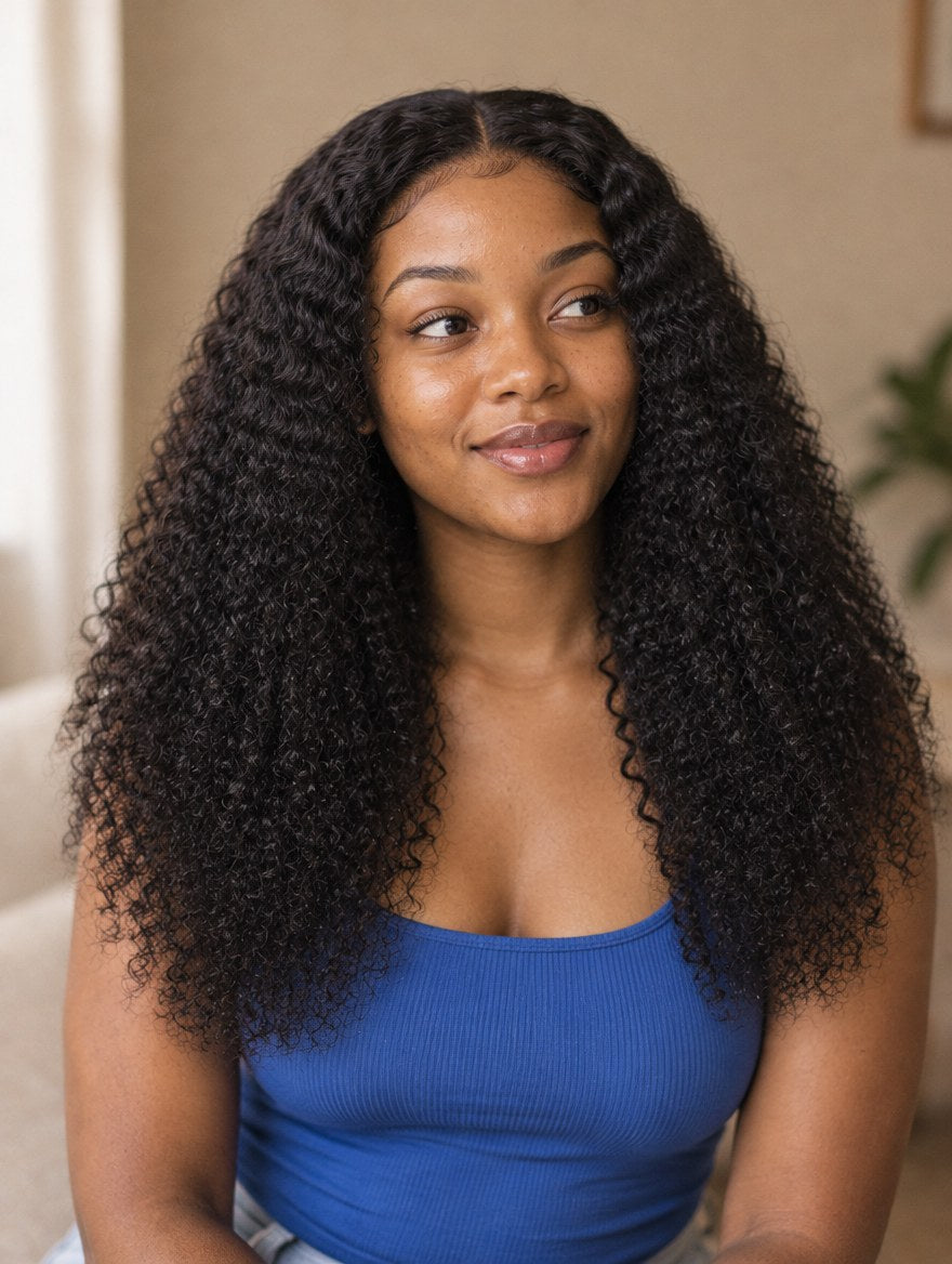 Natural Black Double Drawn Jerry Curl 4x4 Lace Closure Wig 22" worn by a model