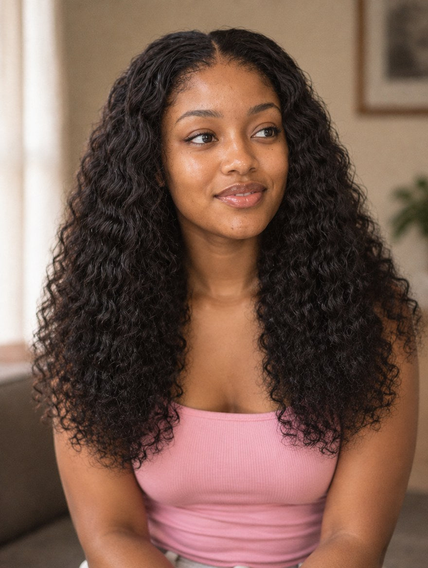 Natural Black Jerry Curl 4x4 Lace Closure Wig 22" worn by a model
