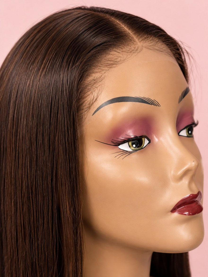 Super Double Drawn Chocolate Brown Straight Bob 13x4 Lace Frontal Wig 16" lace and hairline close-up