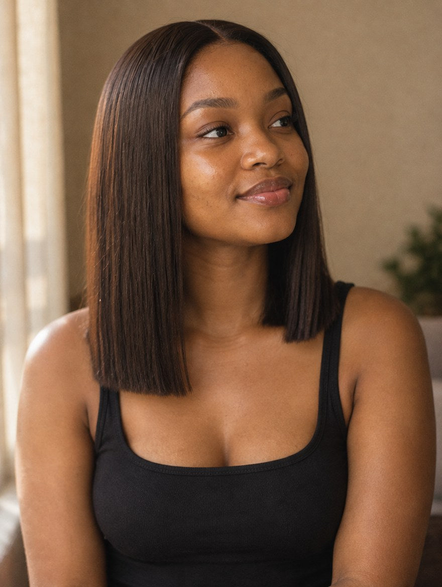 Super Double Drawn Chocolate Brown Straight Bob 13x4 Lace Frontal Wig 16" worn by a model