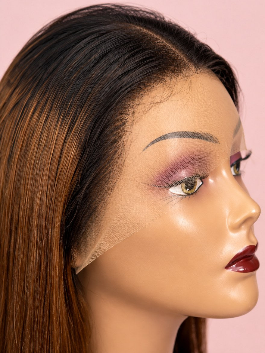Super Double Drawn Vietnamese Brown Ombre Straight 13x4 Lace Frontal Wig 22" lace and hairline close-up