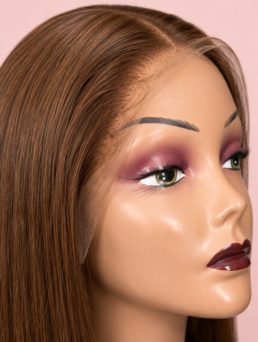 Super Double Drawn Vietnamese Chocolate Brown Straight 13x4 Lace Frontal Wig 24" lace and hairline close-up