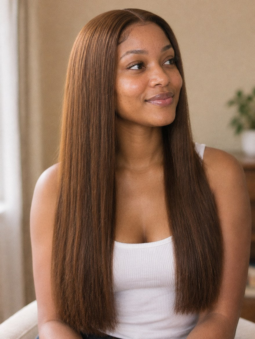 Super Double Drawn Vietnamese Chocolate Brown Straight 13x4 Lace Frontal Wig 24" worn by a model
