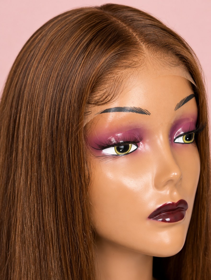 Super Double Drawn Vietnamese Chocolate Brown Straight Lace Frontal Wig 24" lace and hairline close-up