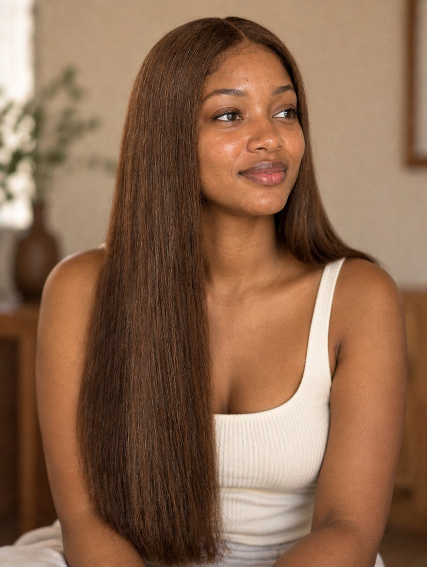 Super Double Drawn Vietnamese Chocolate Brown Straight Lace Frontal Wig 24" worn by a model