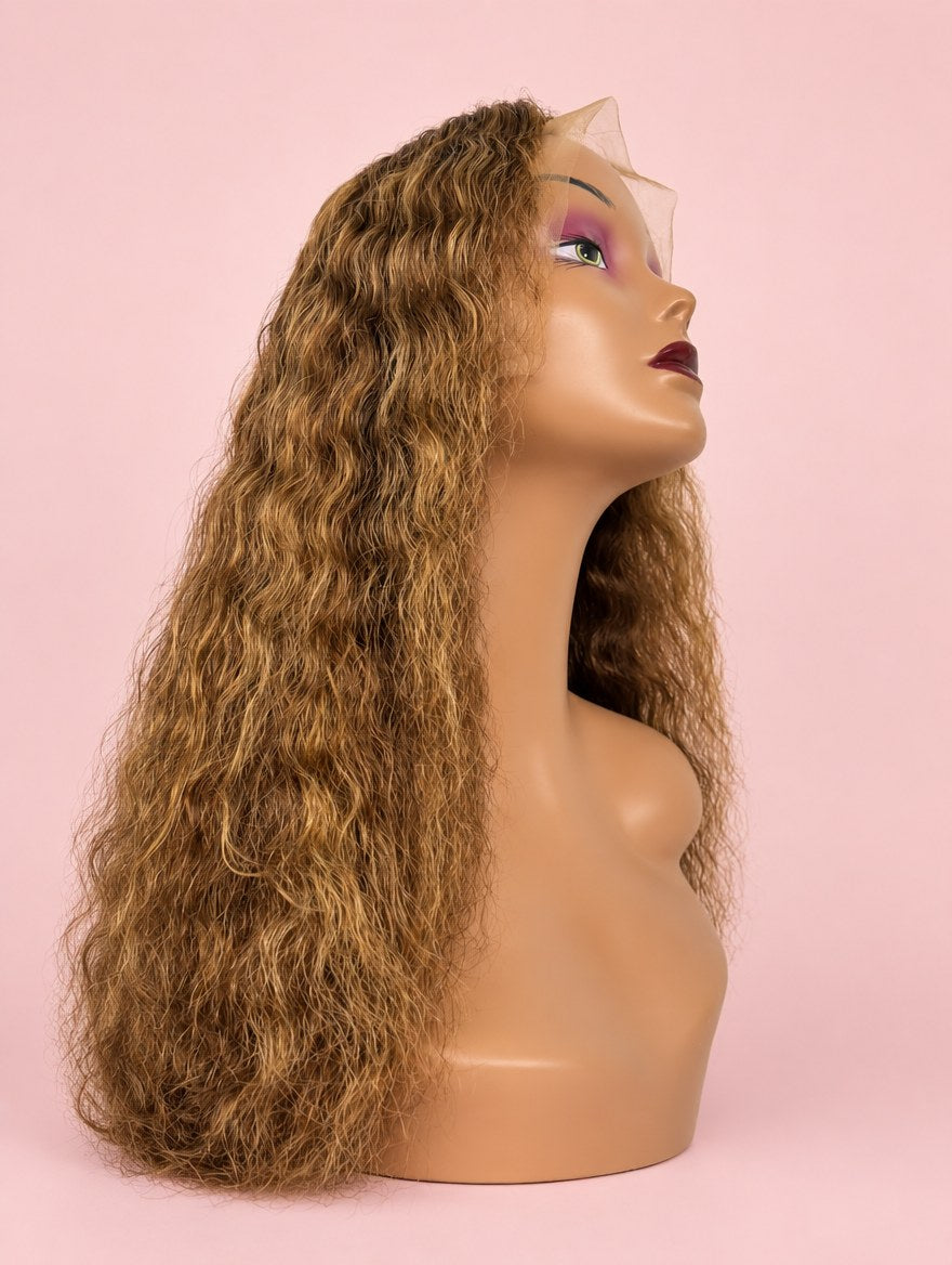 Super Double Drawn Honey Blonde Highlight Water Wave 13x4 Lace Frontal Wig 18"