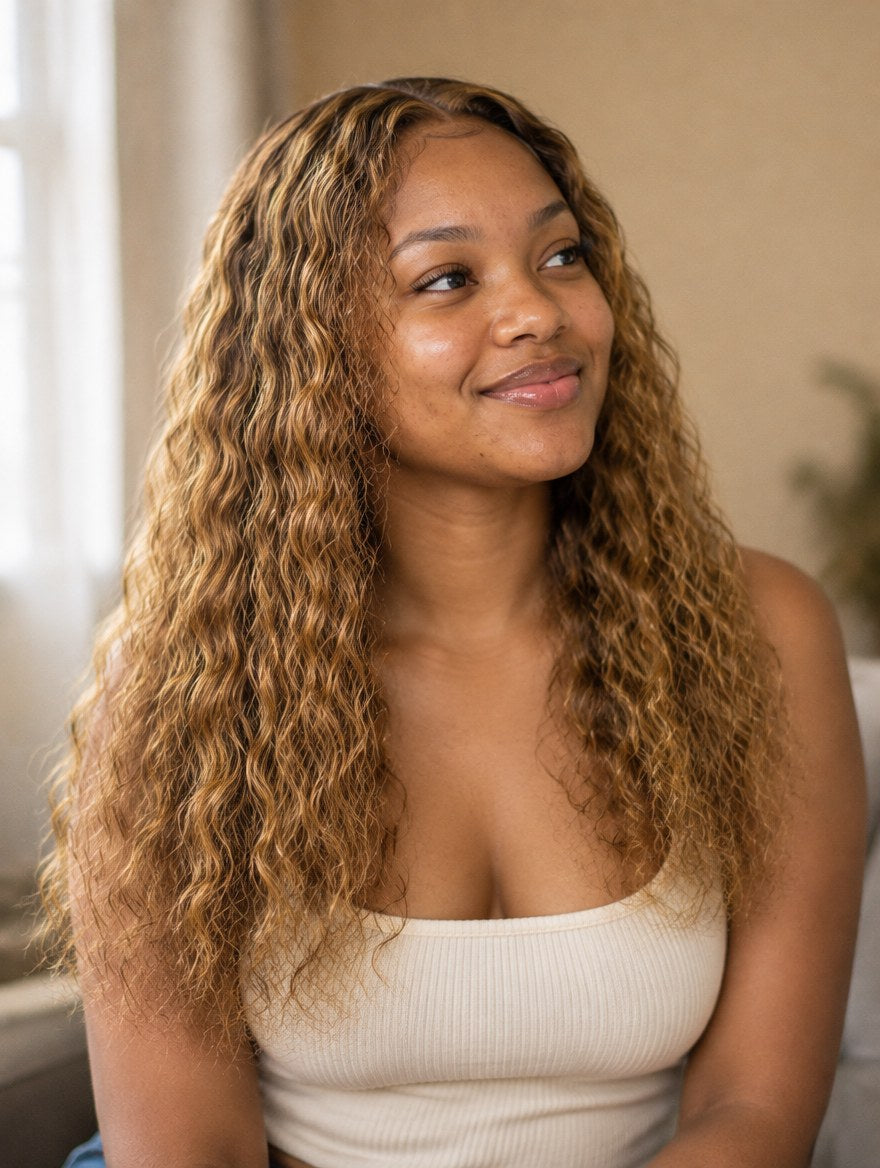 Super Double Drawn Honey Blonde Highlight Water Wave 13x4 Lace Frontal Wig 18" worn by a model