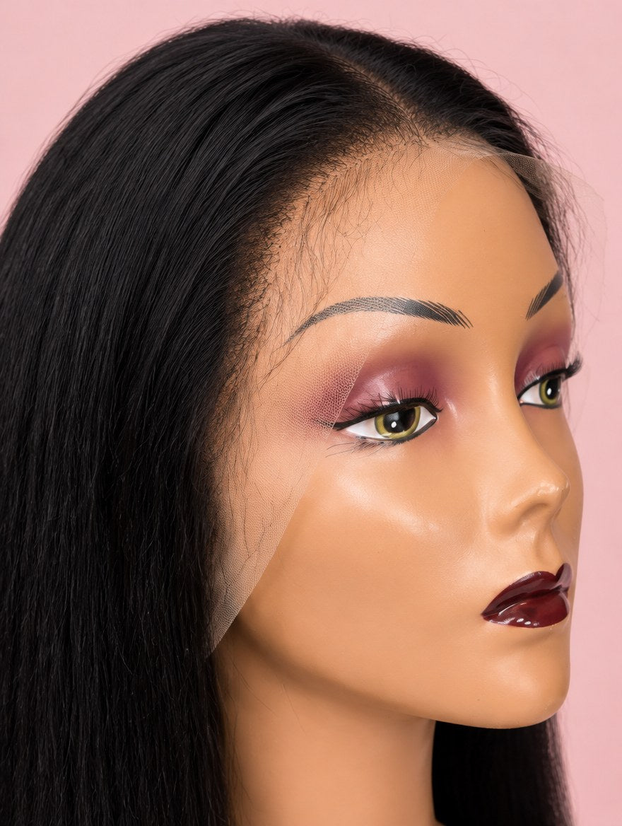 Natural Black Straight 13x4 Lace Frontal Wig 18" lace and hairline close-up