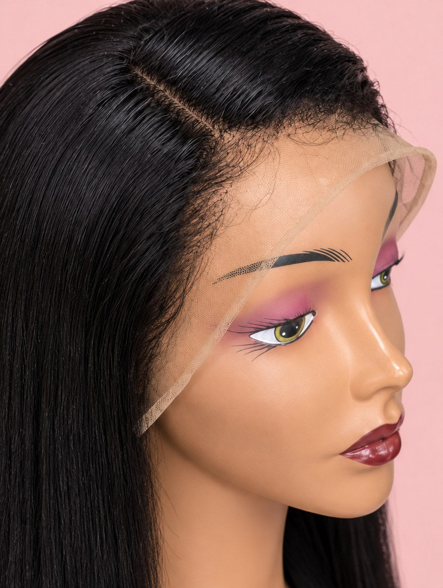 Super Double Drawn Vietnamese Natural Black Straight 13x4 Lace Frontal Wig 18" lace and hairline close-up