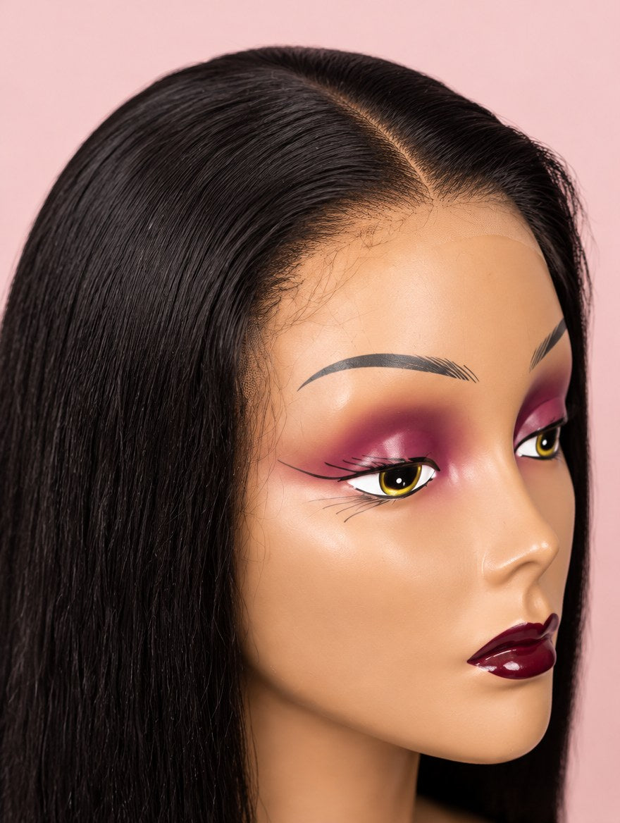 Super Double Drawn Vietnamese Natural Black Straight 5x5 Lace Closure Wig 22" lace and hairline close-up