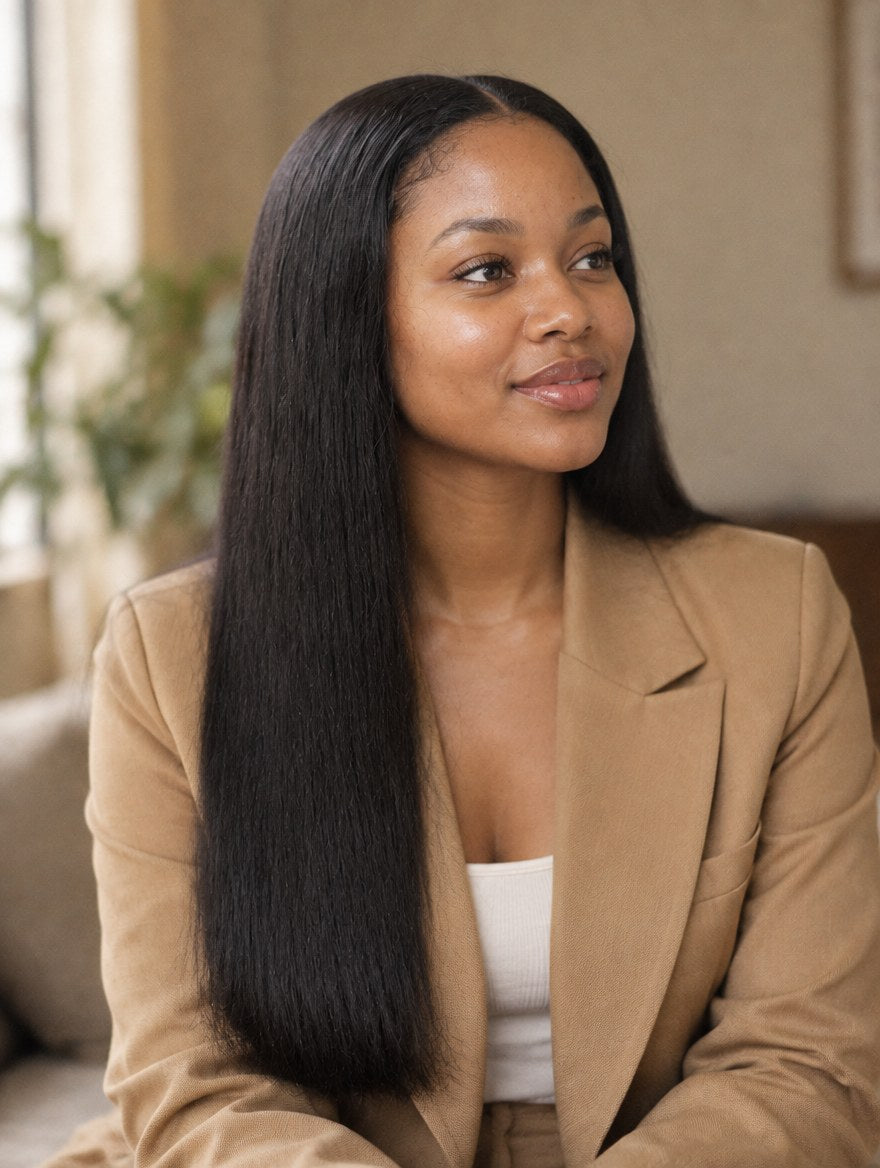 Super Double Drawn Vietnamese Natural Black Straight 5x5 Lace Closure Wig 22" worn by a model
