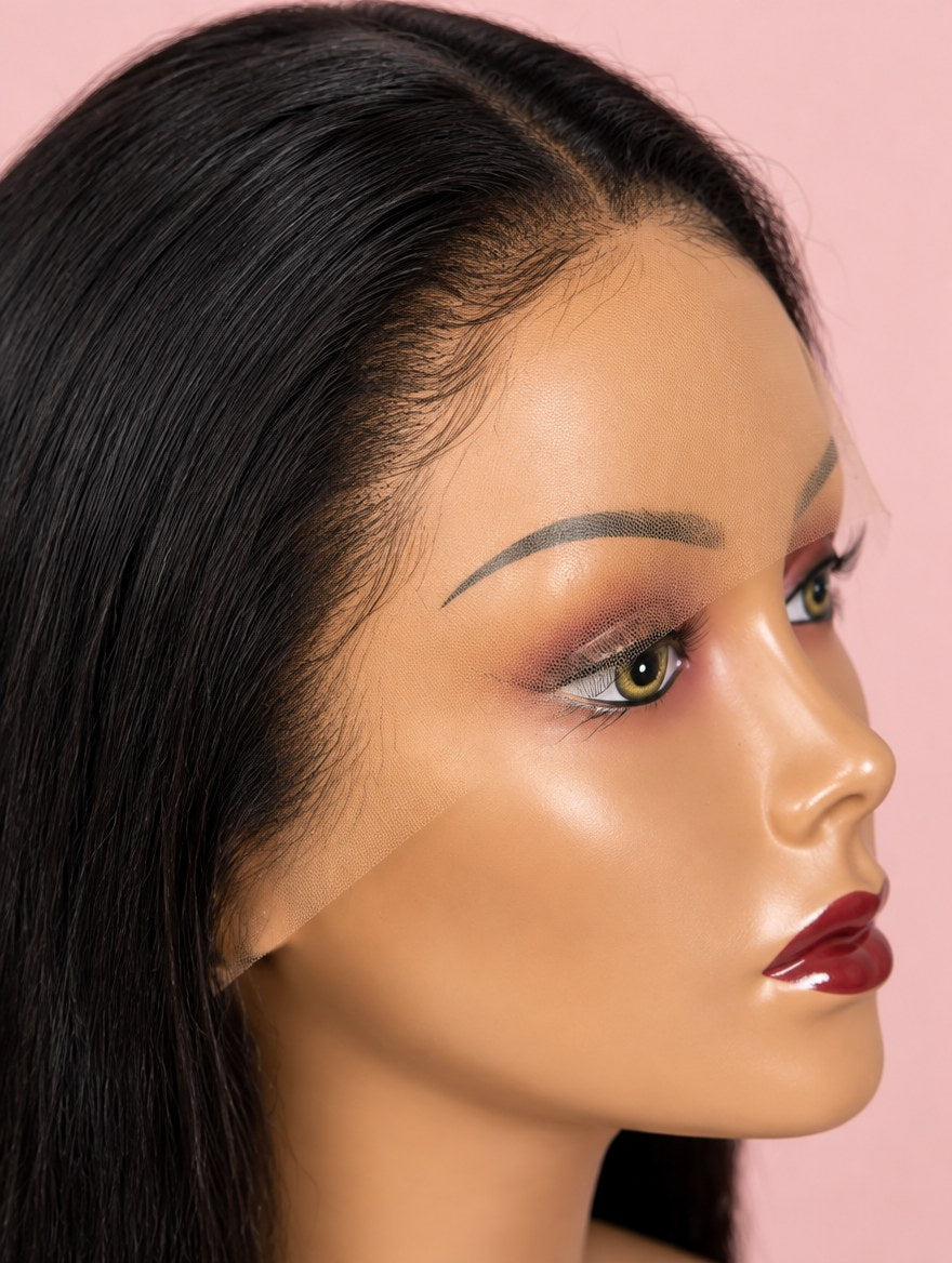 Super Double Drawn Vietnamese Natural Black Straight 13x4 Lace Frontal Wig 22" lace and hairline close-up