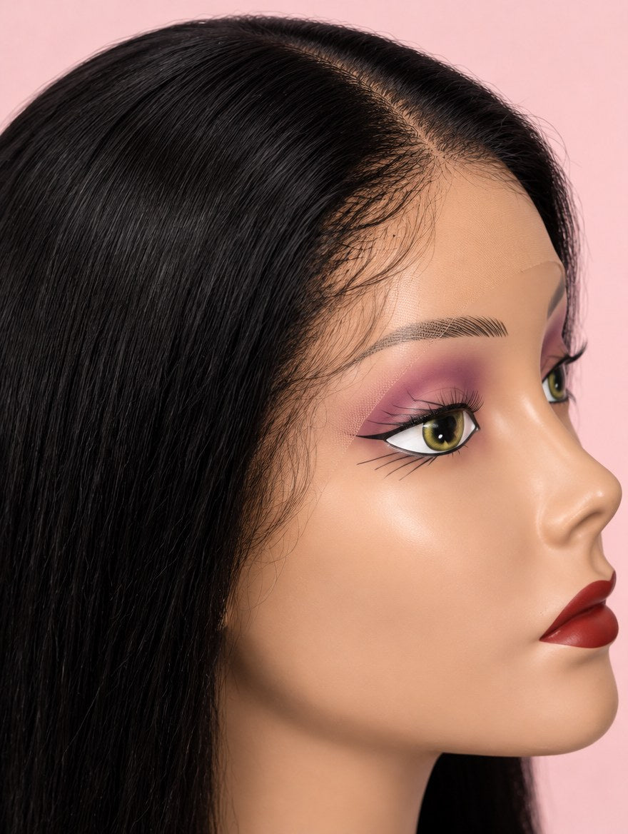 Super Double Drawn Vietnamese Natural Black Straight Lace Frontal Wig 24" lace and hairline close-up