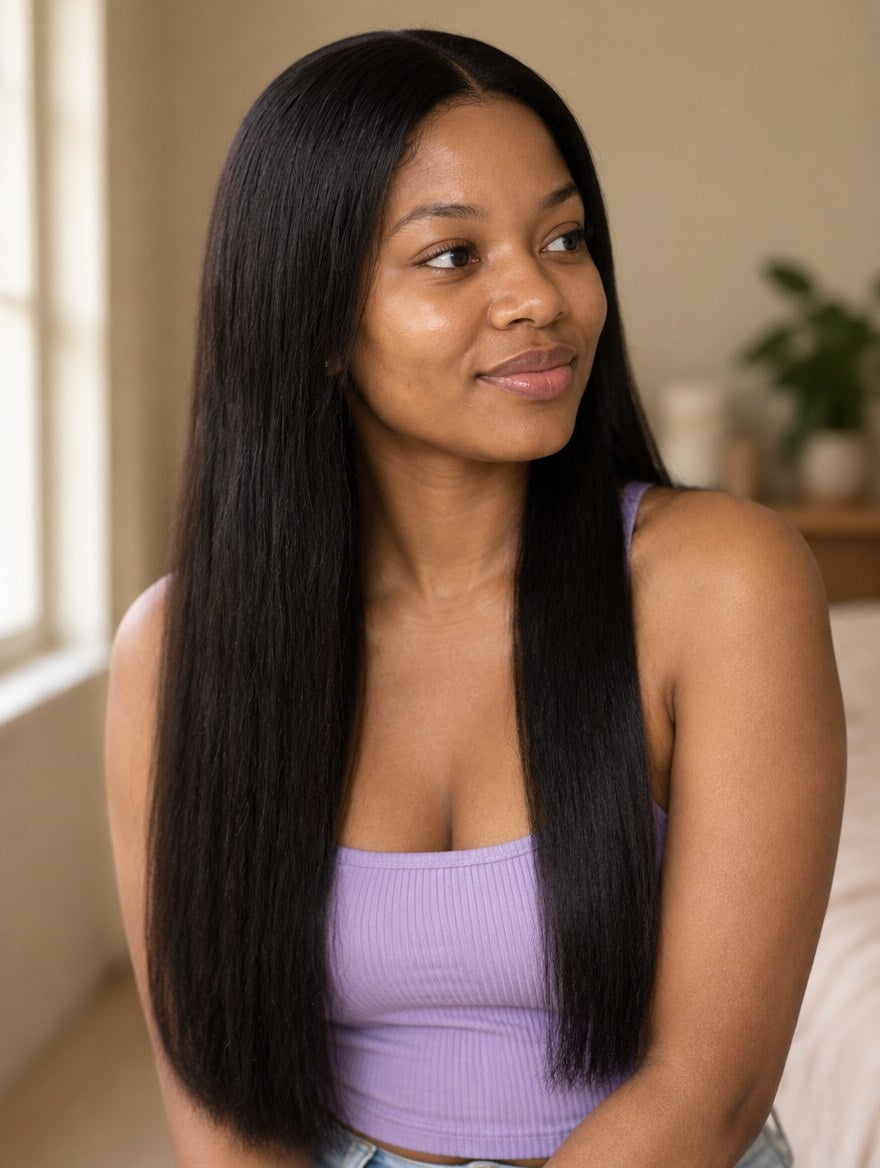 Super Double Drawn Vietnamese Natural Black Straight Lace Frontal Wig 24" worn by a model