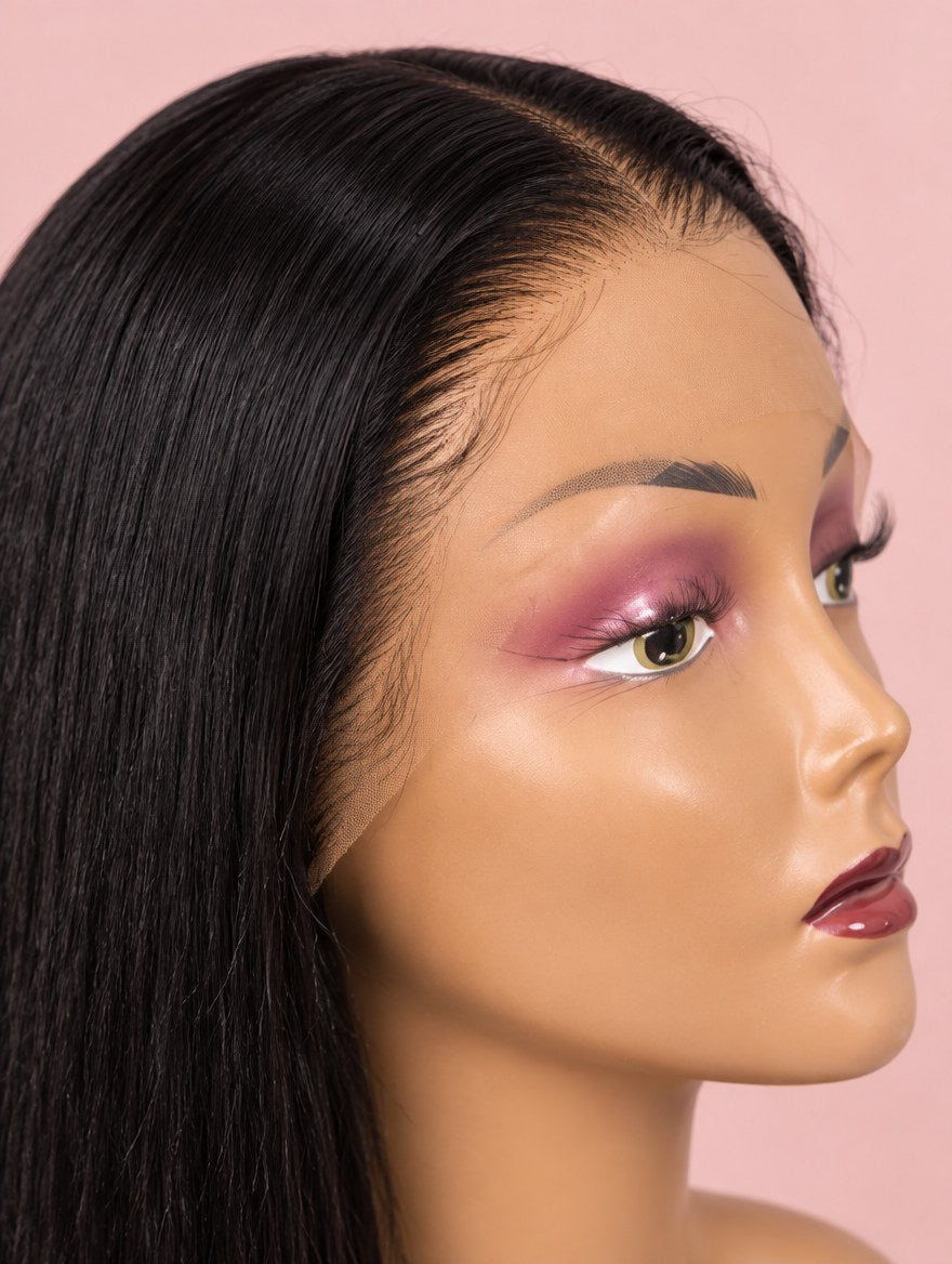 Super Double Drawn Vietnamese Natural Black Straight Lace Frontal Wig 30" lace and hairline close-up