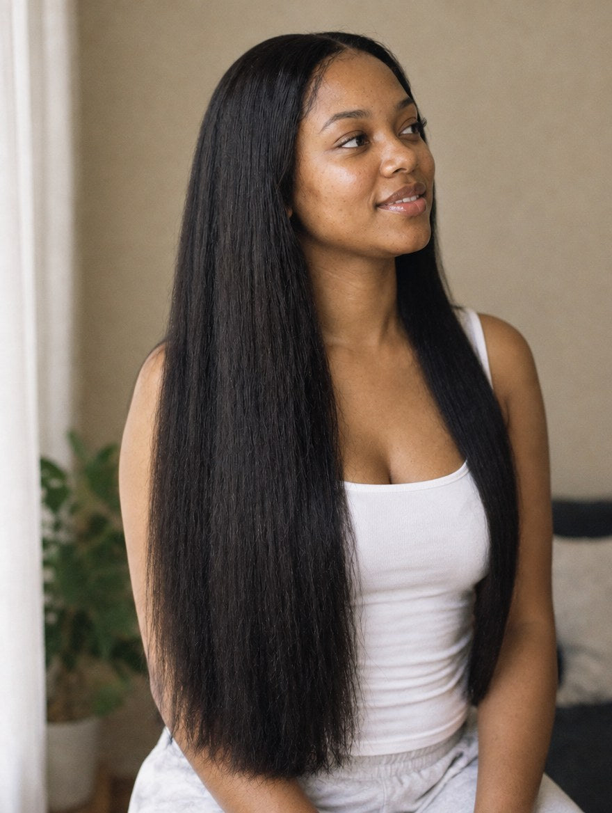 Super Double Drawn Vietnamese Natural Black Straight Lace Frontal Wig 30" worn by a model