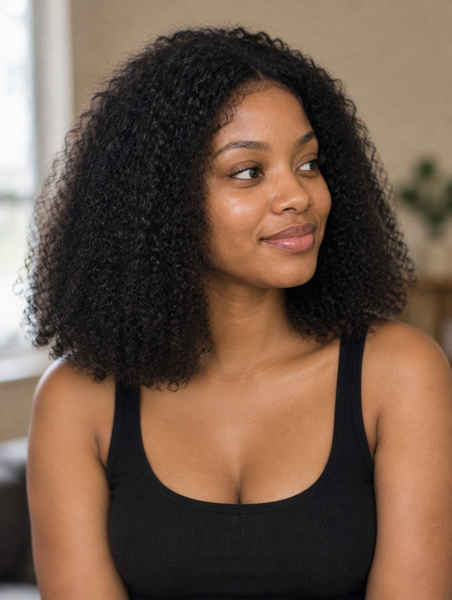 Natural Black Curly 13x4 Lace Frontal Wig worn by a model