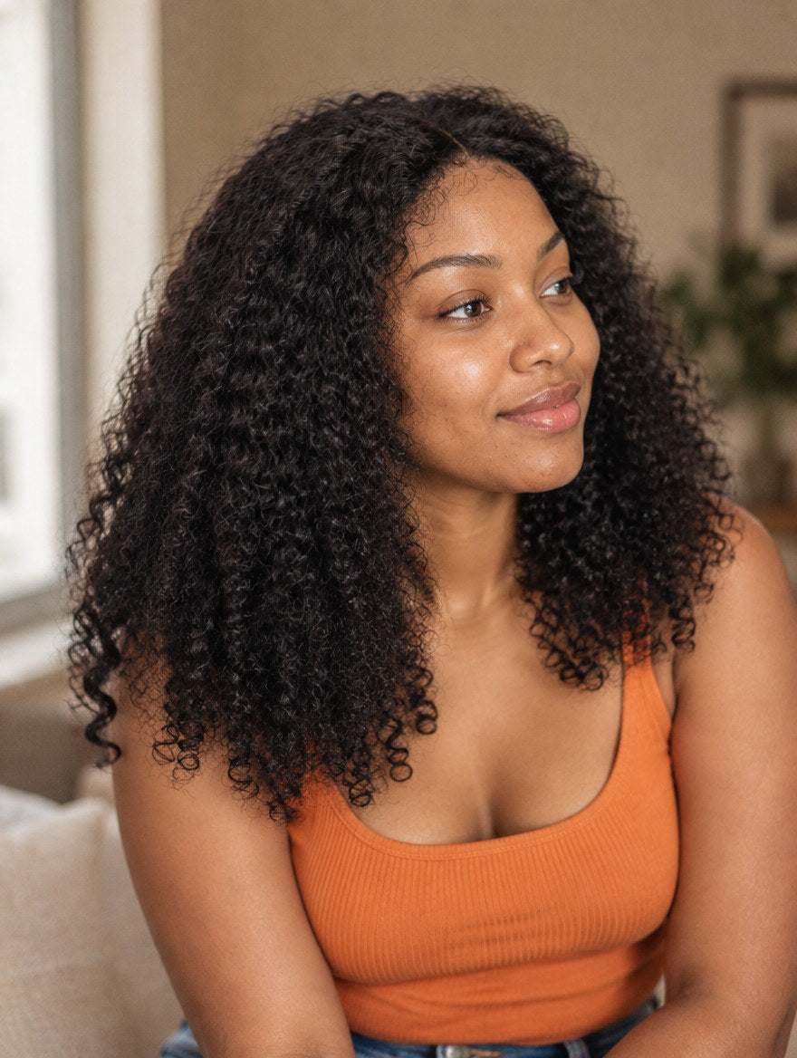 Super Double Drawn Vietnamese Natural Black Baby Curl 13x4 Lace Frontal Wig 16" worn by a model