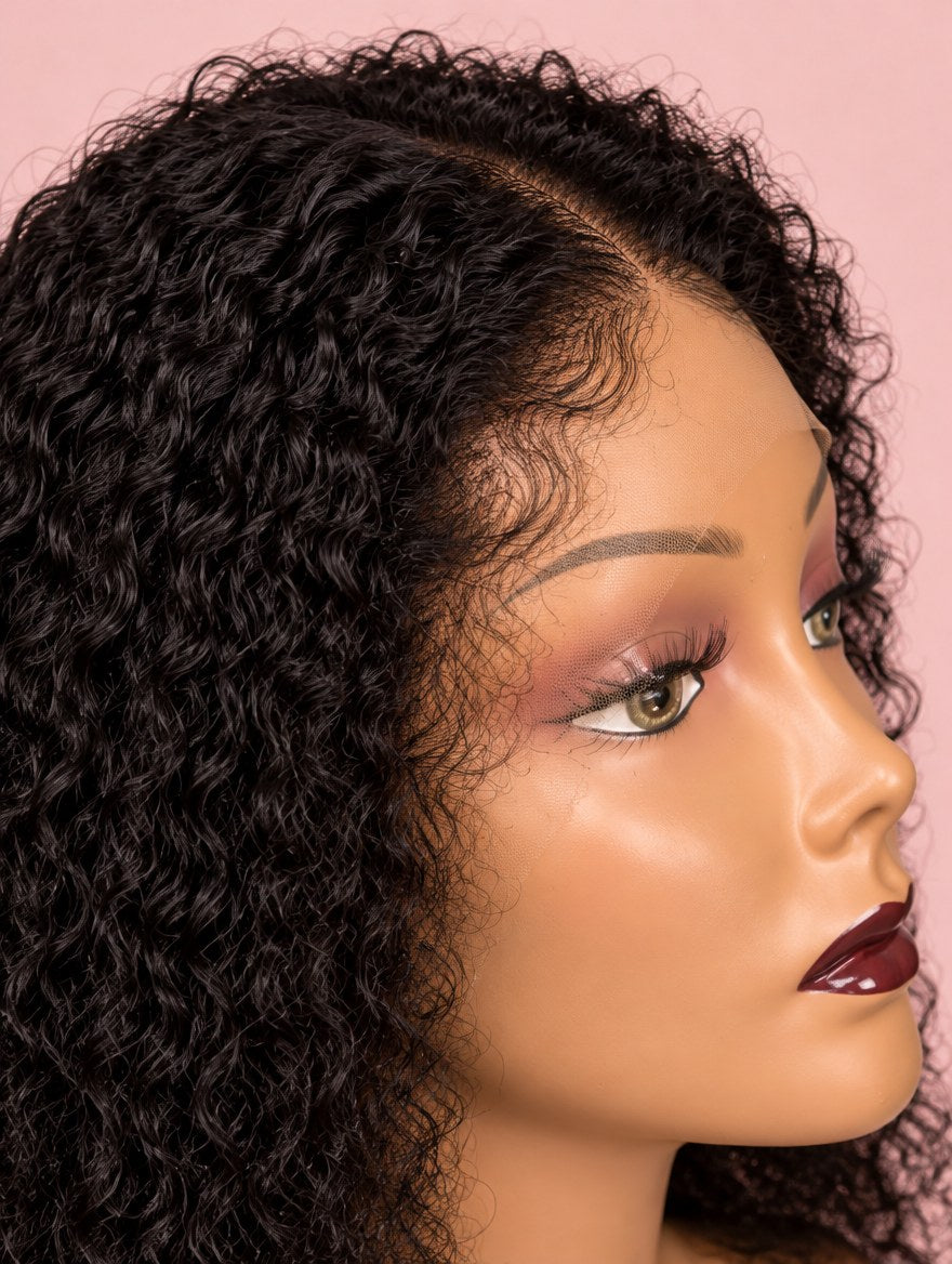 Natural Black Curly 13x4 Lace Frontal Wig 14" lace and hairline close-up