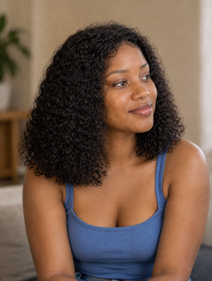 Natural Black Curly 13x4 Lace Frontal Wig 14" worn by a model