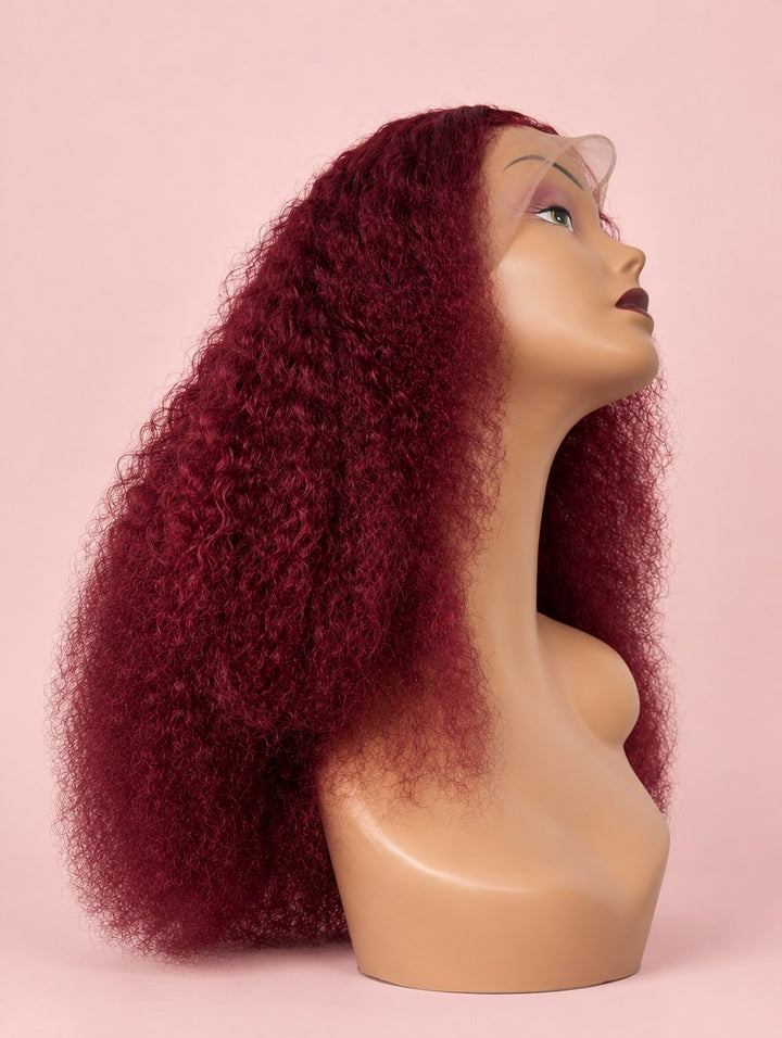 Super Double Drawn Burgundy 99J Pixie Curl 13x4 Lace Frontal Wig 18"
