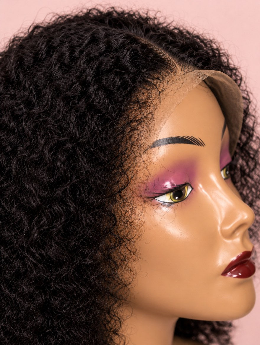 Natural Black Pixie Curl Lace Frontal Wig 16" lace and hairline close-up