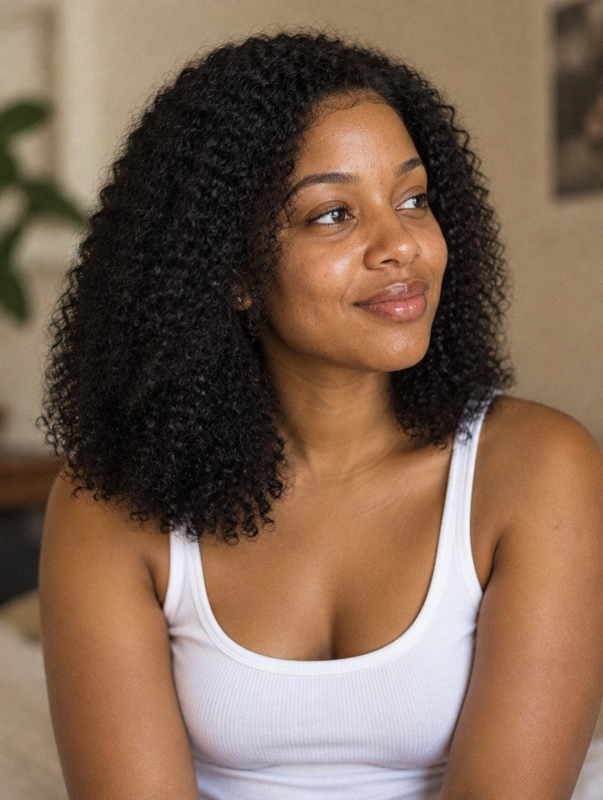 Natural Black Pixie Curl Lace Frontal Wig 16" worn by a model