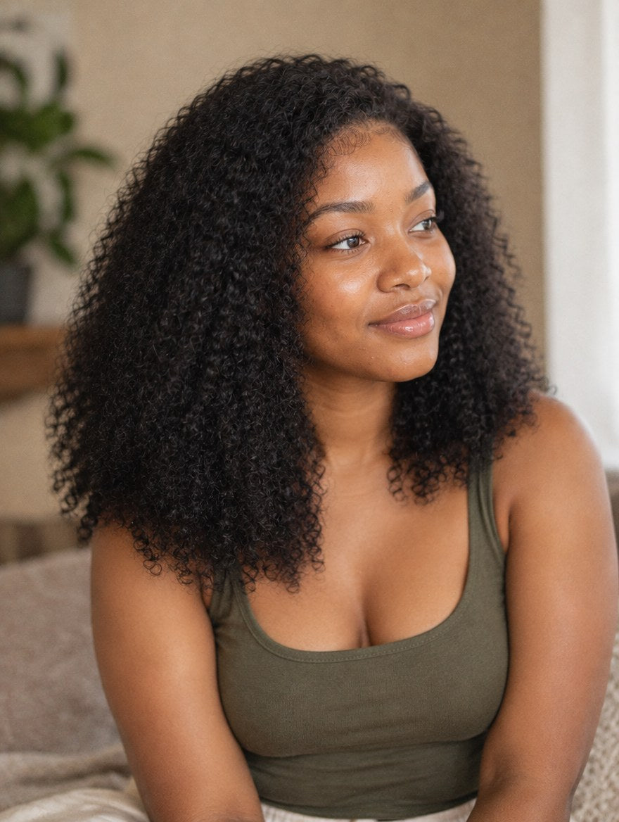 Natural Black Curly 13x4 Lace Frontal Wig 16" worn by a model