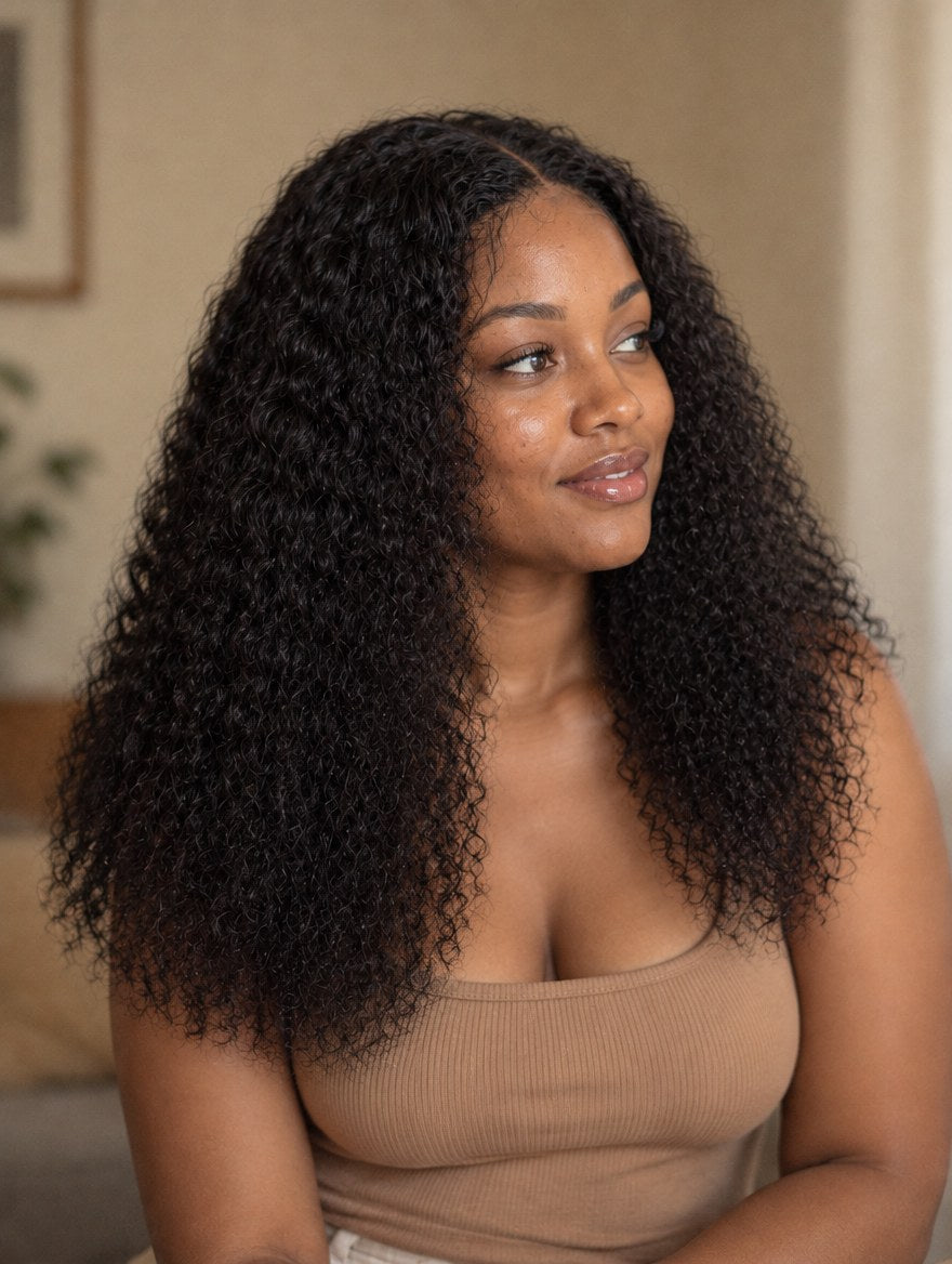 Natural Black Curly Lace Frontal Wig worn by a model