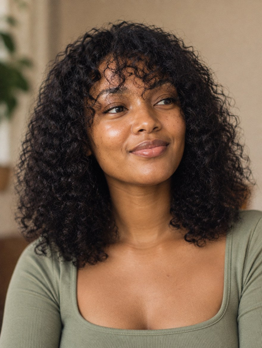 Natural Black Curly Fringe Wig 10" worn by a model