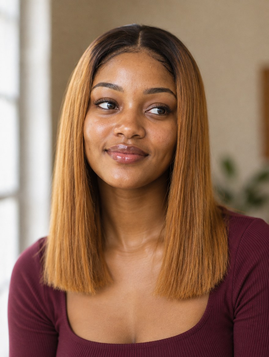 Auburn Ombre Straight 4x4 Lace Closure Wig 12" worn by a model