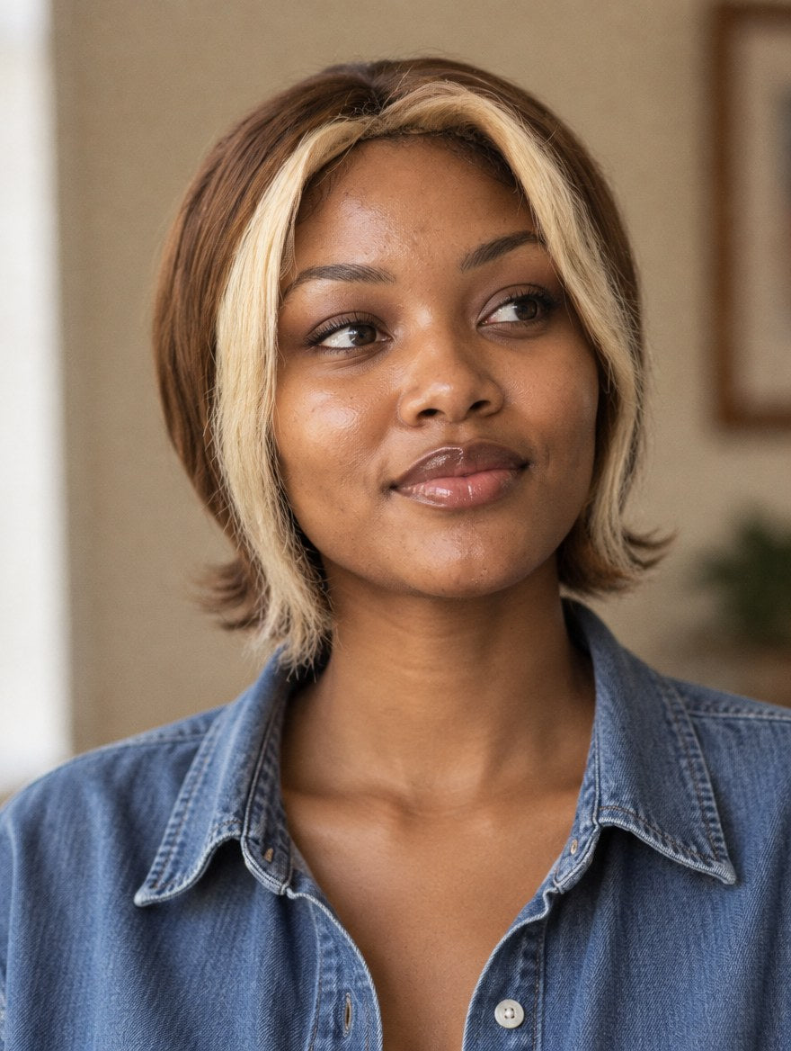 Blonde & Brown Highlight Pixie Cut 13x4 Lace Frontal Wig worn by a model