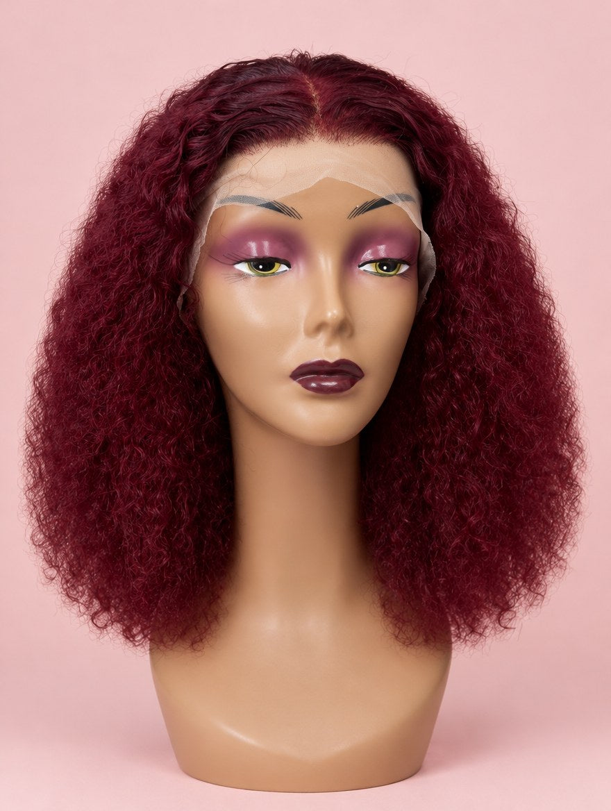 Super Double Drawn Burgundy 99J Burmese Curl 13x4 Lace Frontal Wig 16"