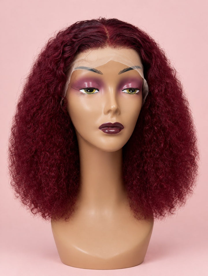 Super Double Drawn Burgundy 99J Burmese Curl 13x4 Lace Frontal Wig 16"