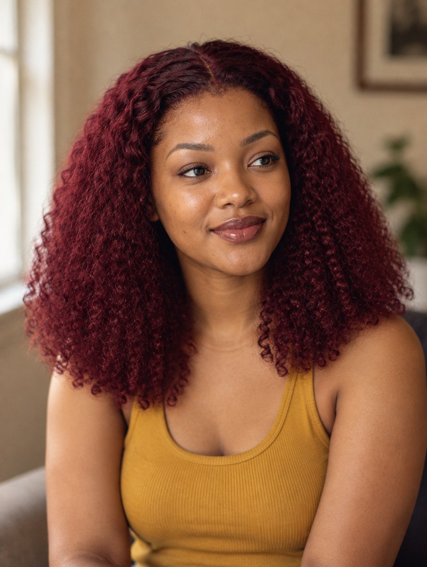 Super Double Drawn Burgundy 99J Burmese Curl 13x4 Lace Frontal Wig 16" worn by a model