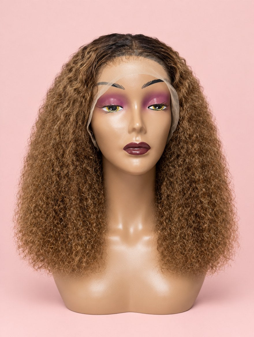 Super Double Drawn Honey Brown Ombre Burmese Curl 13x4 Lace Frontal Wig 16"