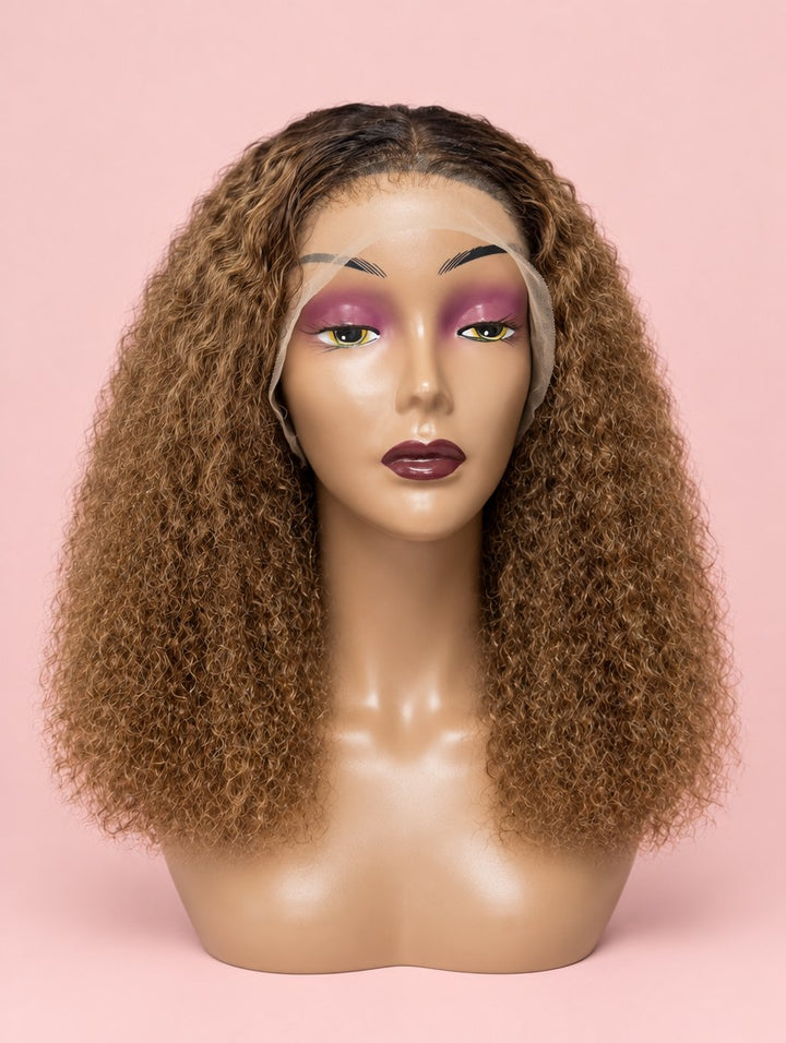 Super Double Drawn Honey Brown Ombre Burmese Curl 13x4 Lace Frontal Wig 16"