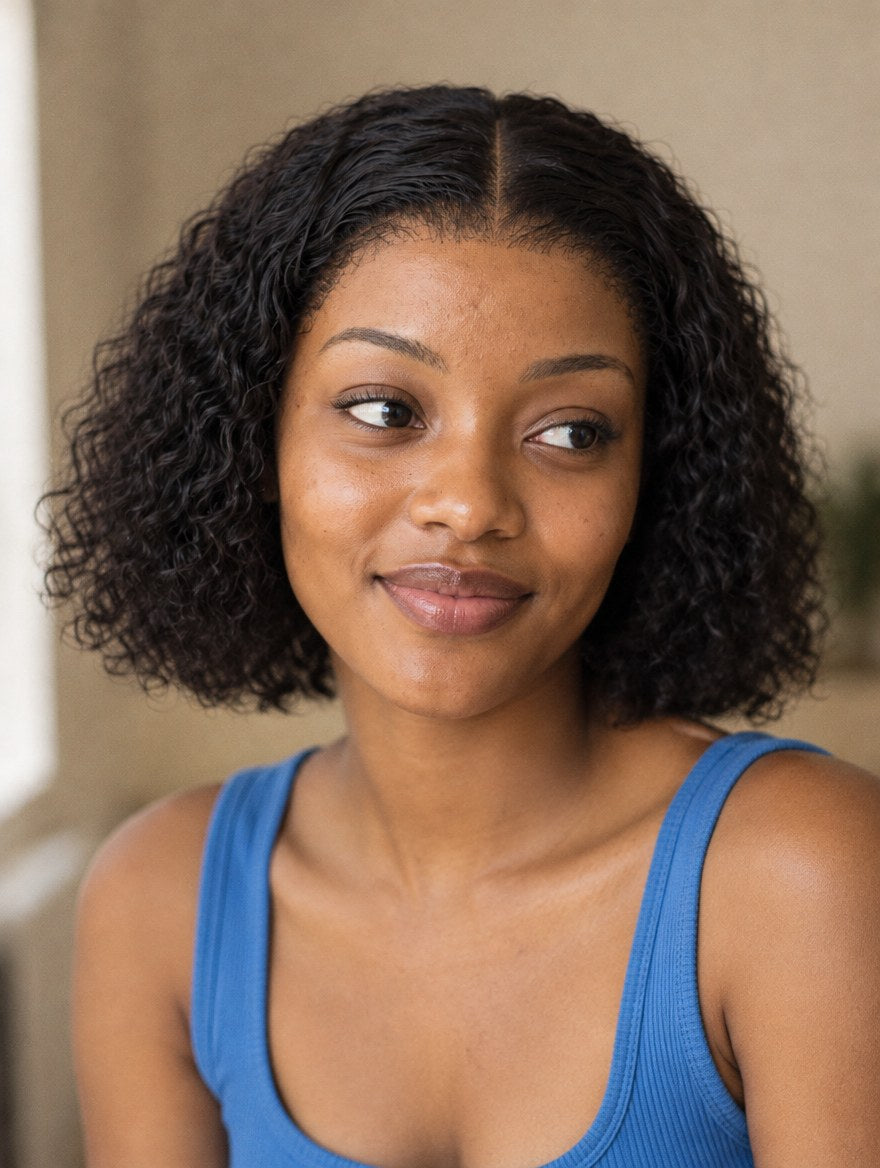 Natural Black Water Wave 13x4 Lace Frontal Wig 8" worn by a model
