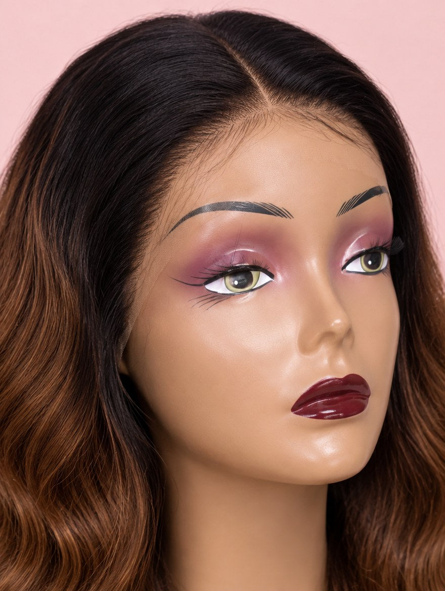 Brown Ombre Body Wave 13x4 Lace Frontal Wig lace and hairline close-up