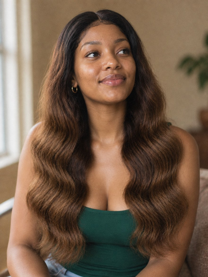 Brown Ombre Body Wave 13x4 Lace Frontal Wig worn by a model