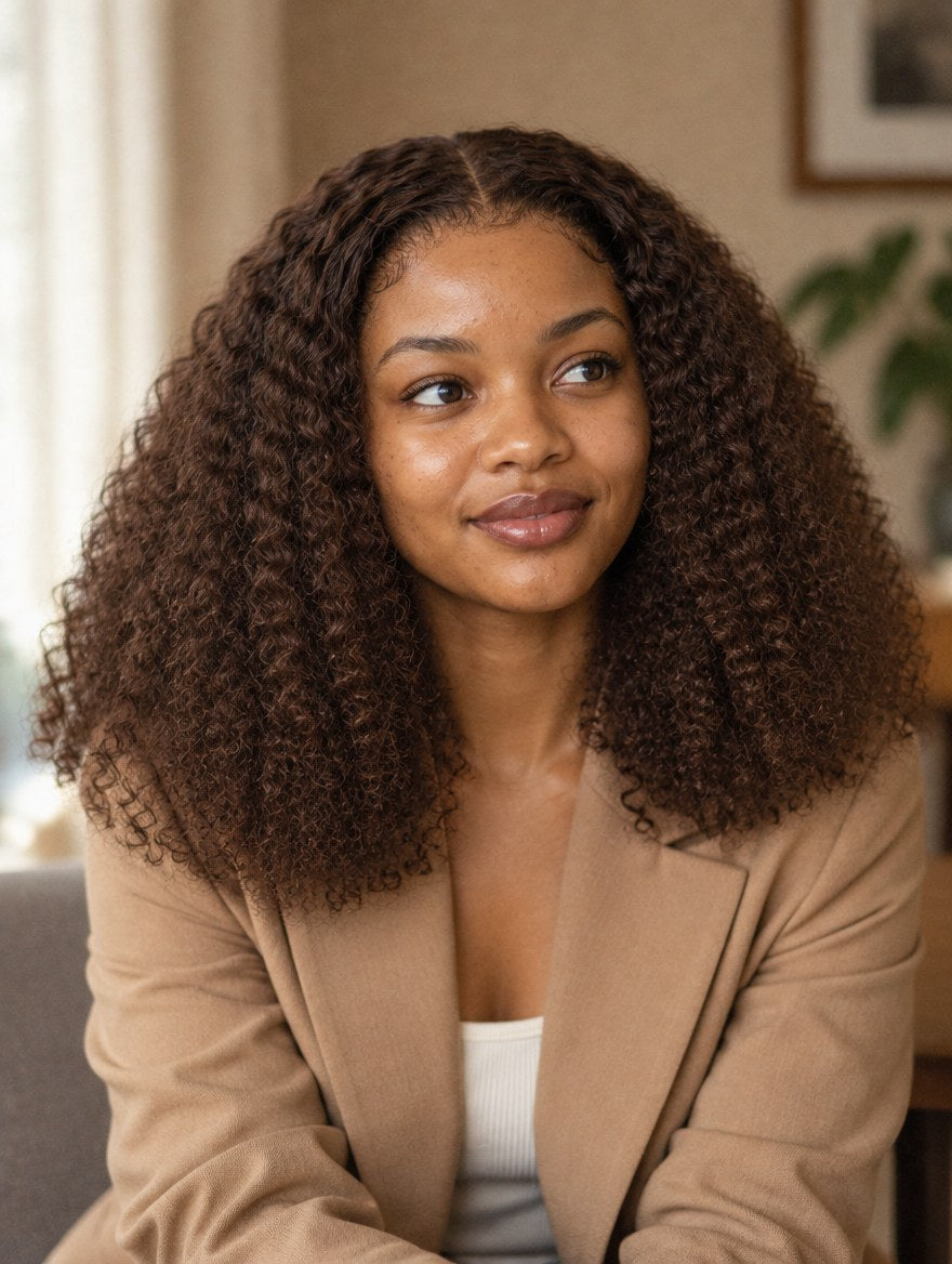 Super Double Drawn Chocolate Brown Burmese Curl 13x4 Lace Frontal Wig 16" worn by a model