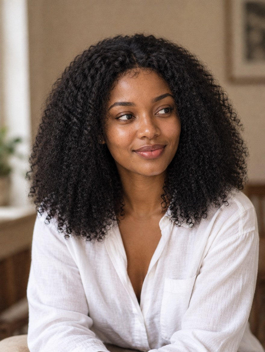 Natural Black Brazilian Curl 4x4 Lace Closure Wig 14" worn by a model