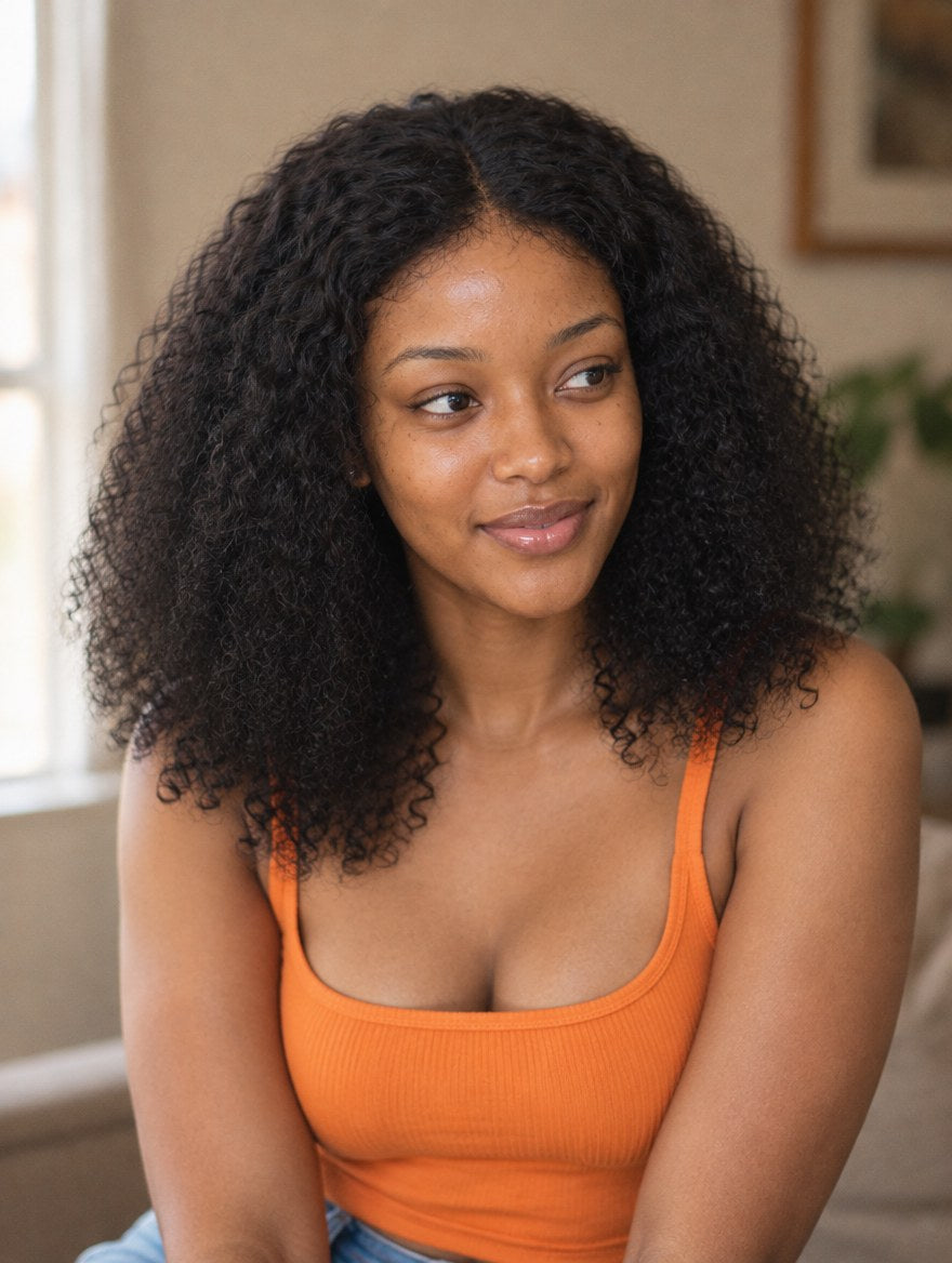 Natural Black Kinky Curly 13x4 Lace Frontal Wig worn by a model