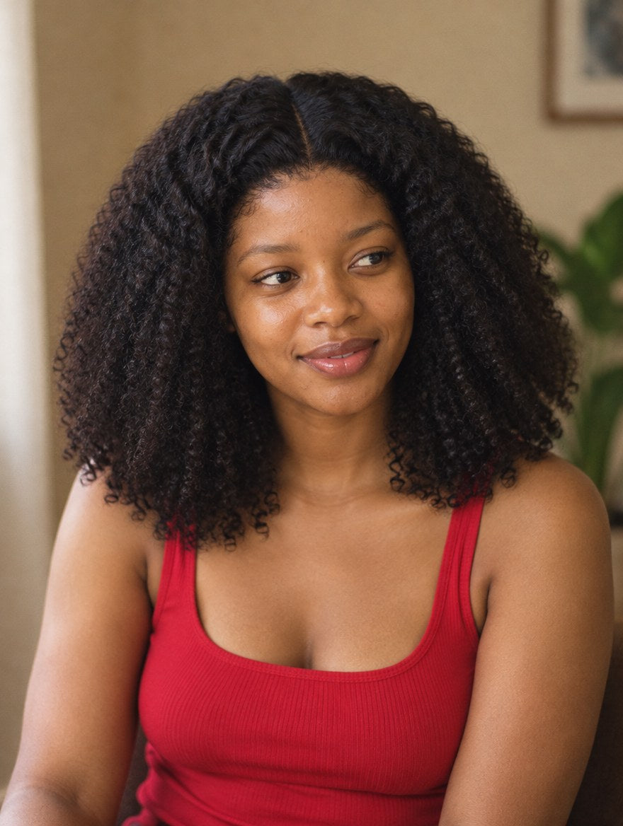 Natural Black Burmese Curl 13x4 Lace Frontal Wig 14" worn by a model