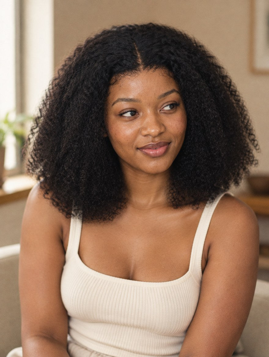 Natural Black Kinky Curly 13x4 Lace Frontal Wig worn by a model