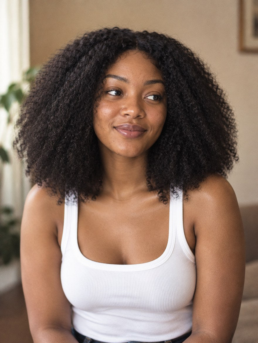 Super Double Drawn Natural Black Jerry Curl 4x4 Lace Closure Wig 14" worn by a model
