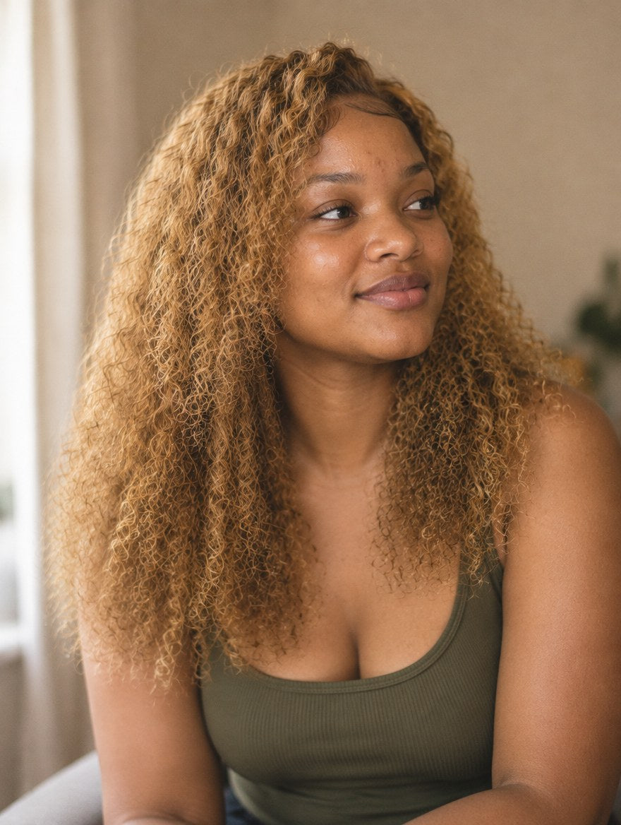 Super Double Drawn Honey Blonde Highlight Pixie Curl 13x4 Lace Frontal Wig 18" worn by a model
