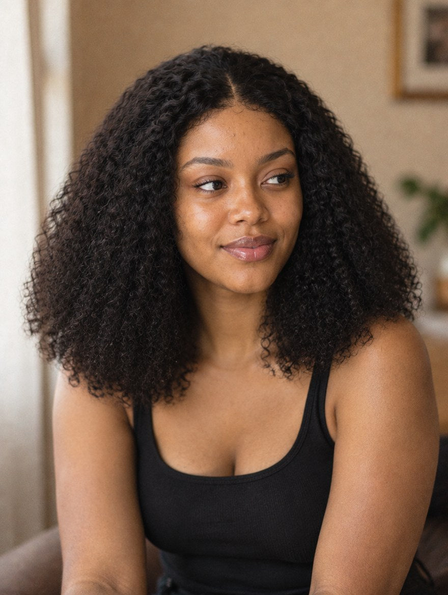 Natural Black Italian Curl 5x5 Lace Closure Wig 16" worn by a model