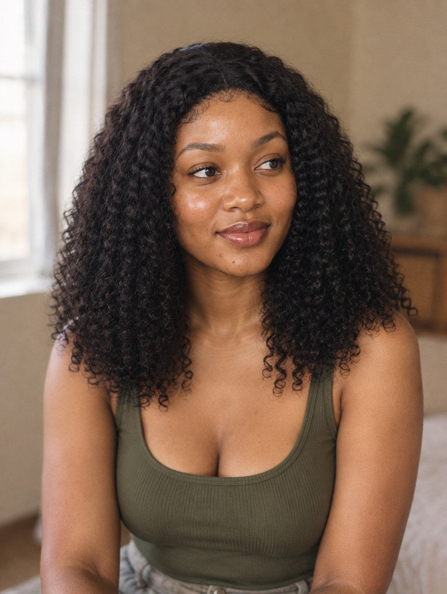 Natural Black Jerry Curl 5x5 Lace Closure Wig 16" worn by a model